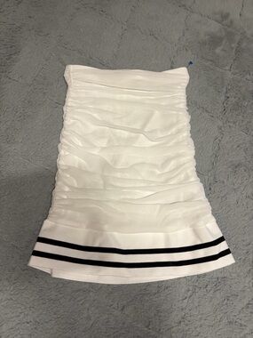 Strapless White Ruched Tube Camisole with Black Double-Stripe Hem